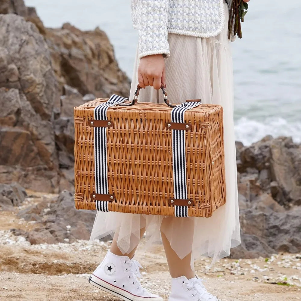 NBVCX Handmade Wicker Picnic Set For Two With Insulated Cooler