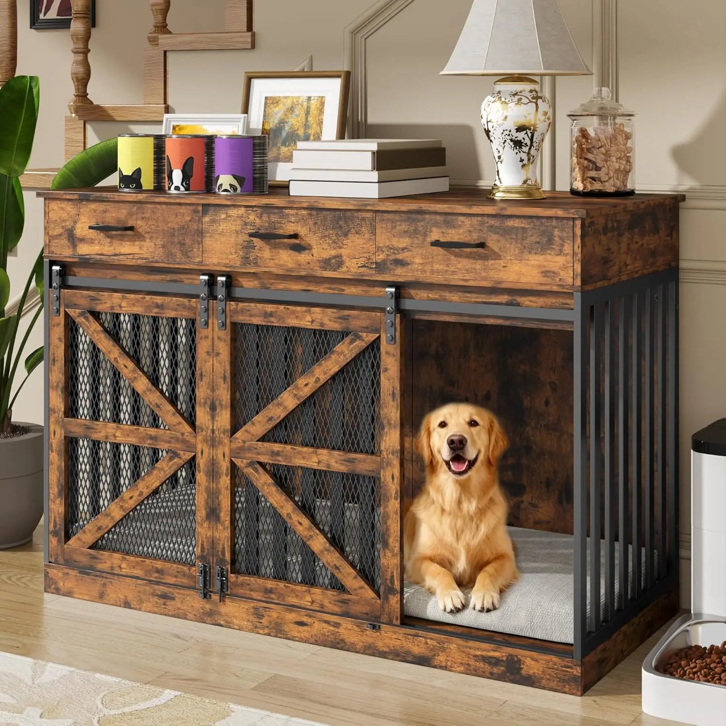 Wooden Dog Crate Furniture With Storage Drawers