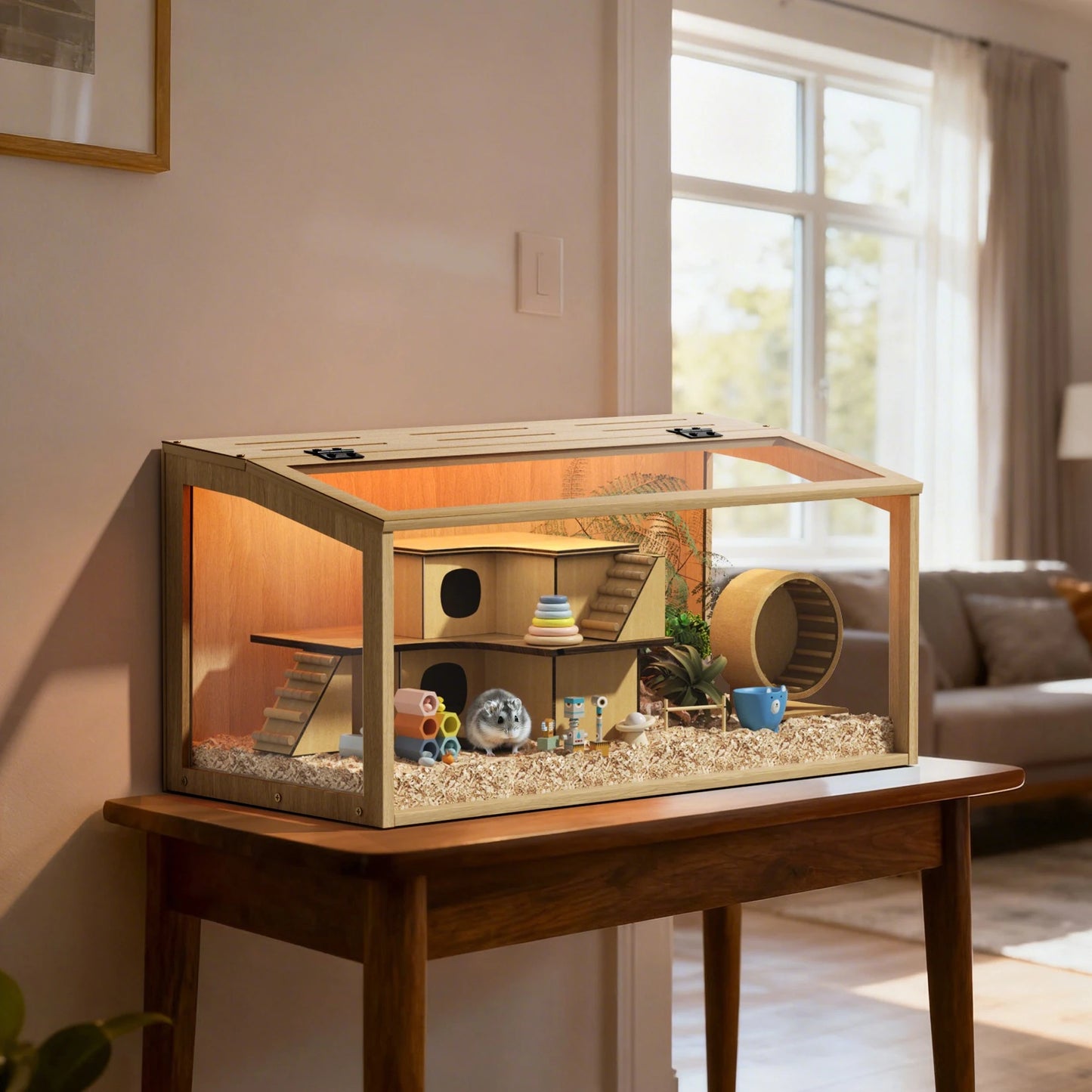 Solid Wooden Hamster Cage With Built In LED Lighting