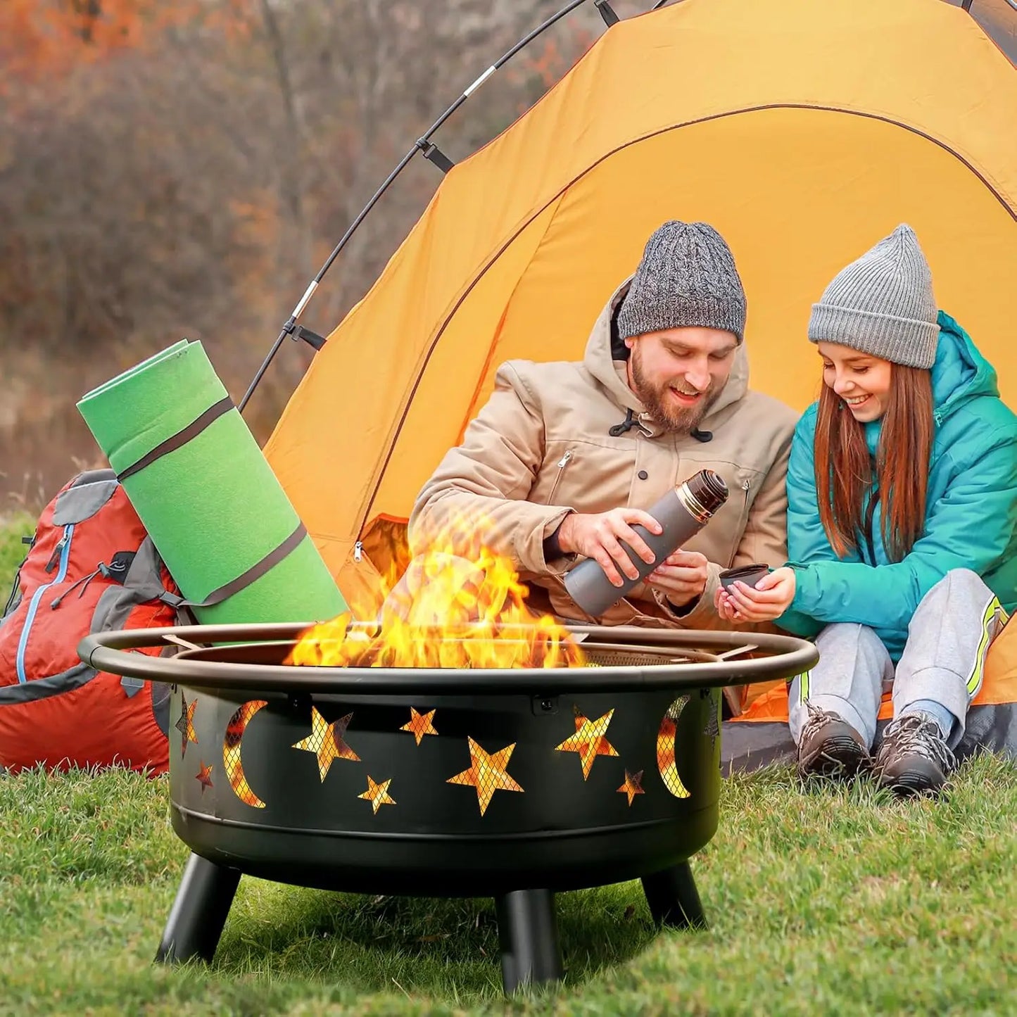Star Moon Round Fire Pit With Mesh Cover Wood Burning