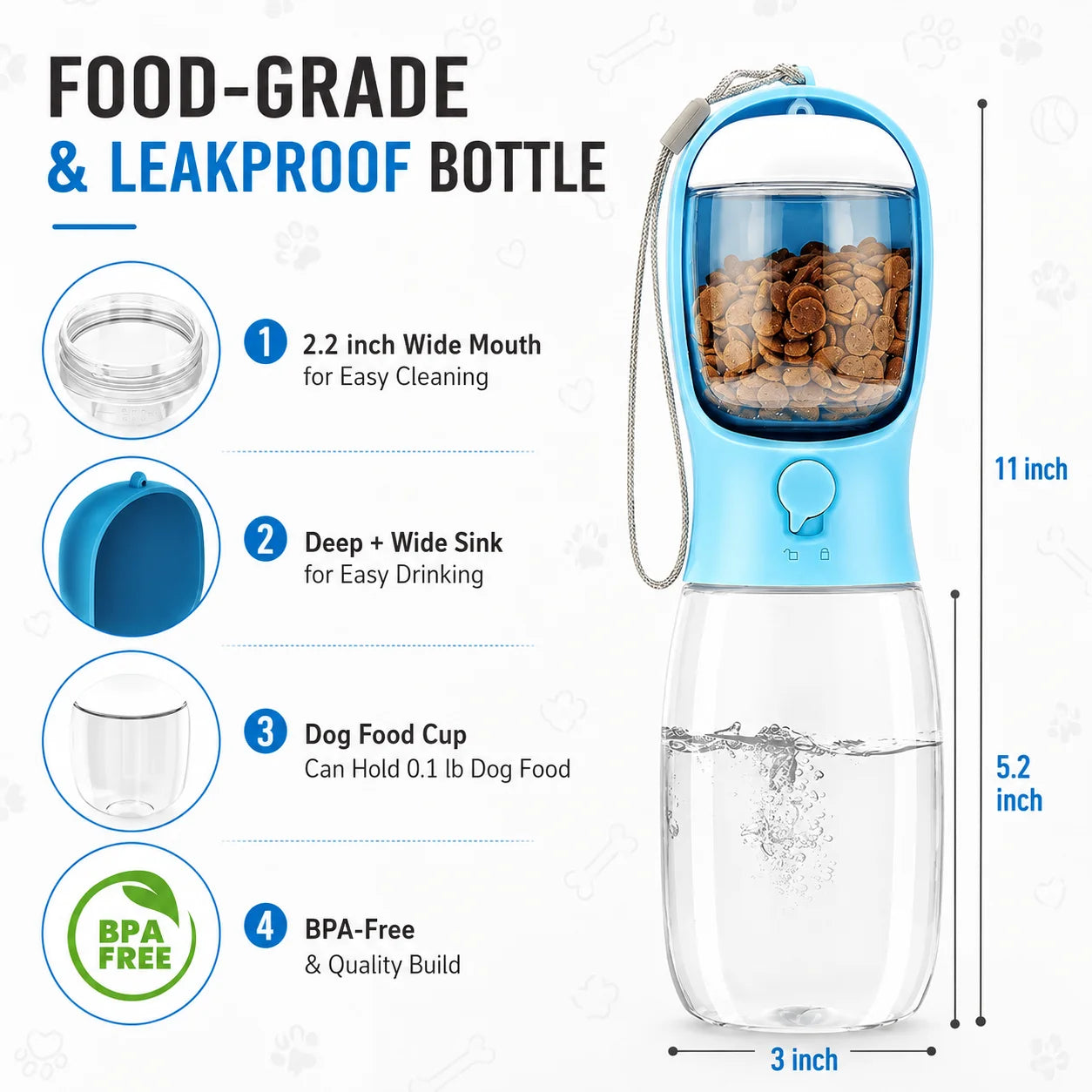 Portable Dog Water Bottle With Food Container Travel Dispenser