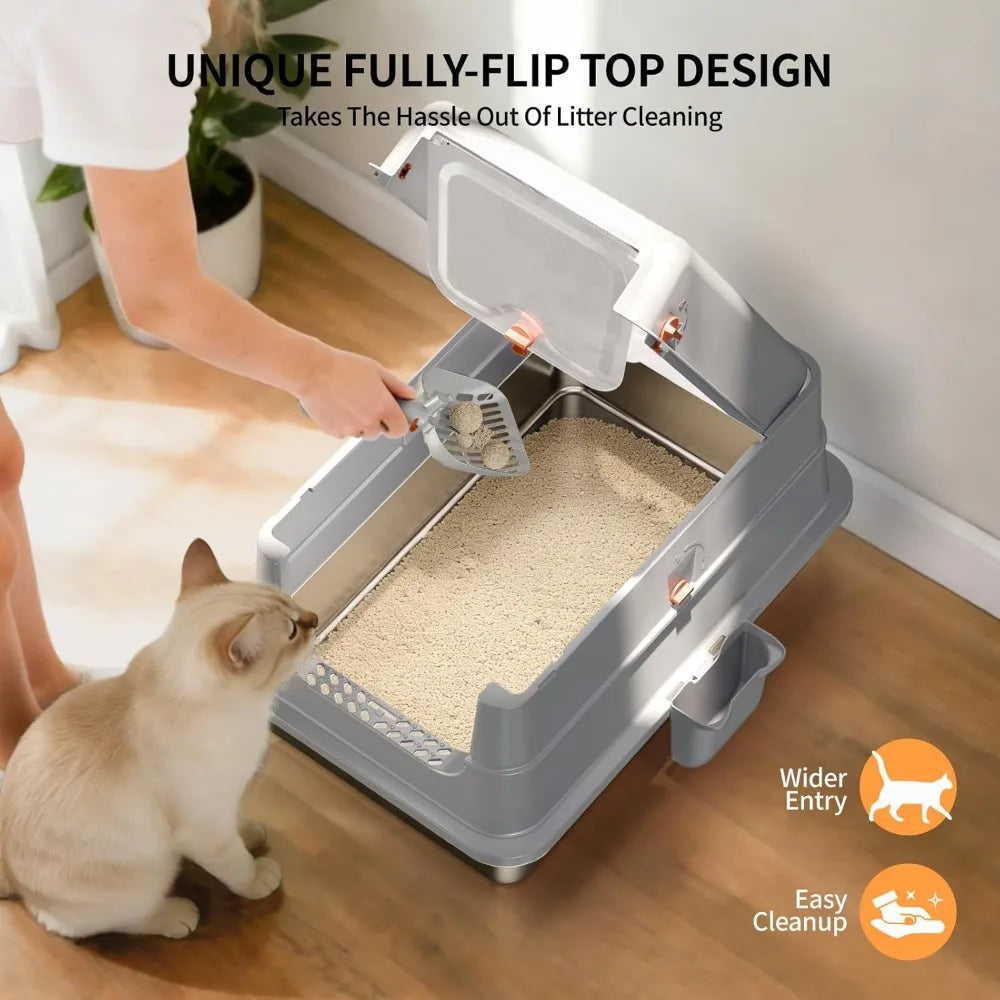 XIUWO Enclosed Stainless Steel Cat Litter Box With Leak Proof Odor Control