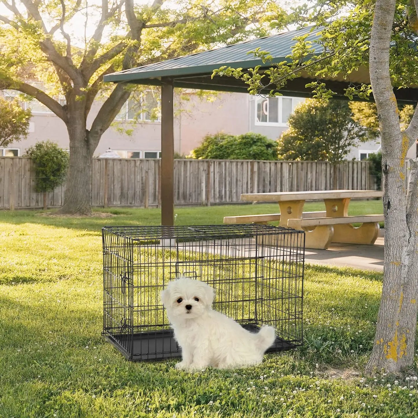 Folding Metal Dog Crate With Double Doors And Tray