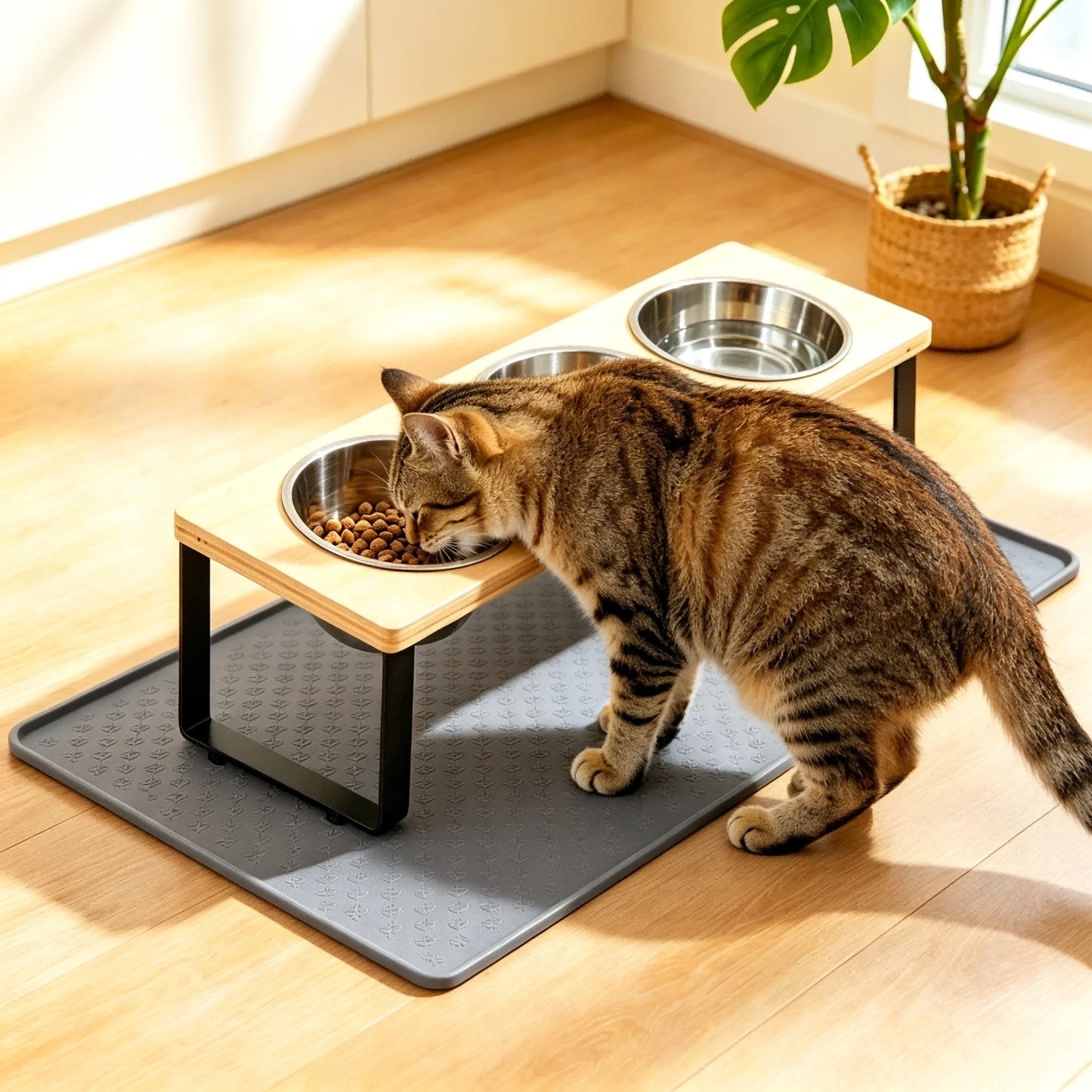Elevated Cat Feeder With 15 Degree Tilt Bamboo Iron Stand