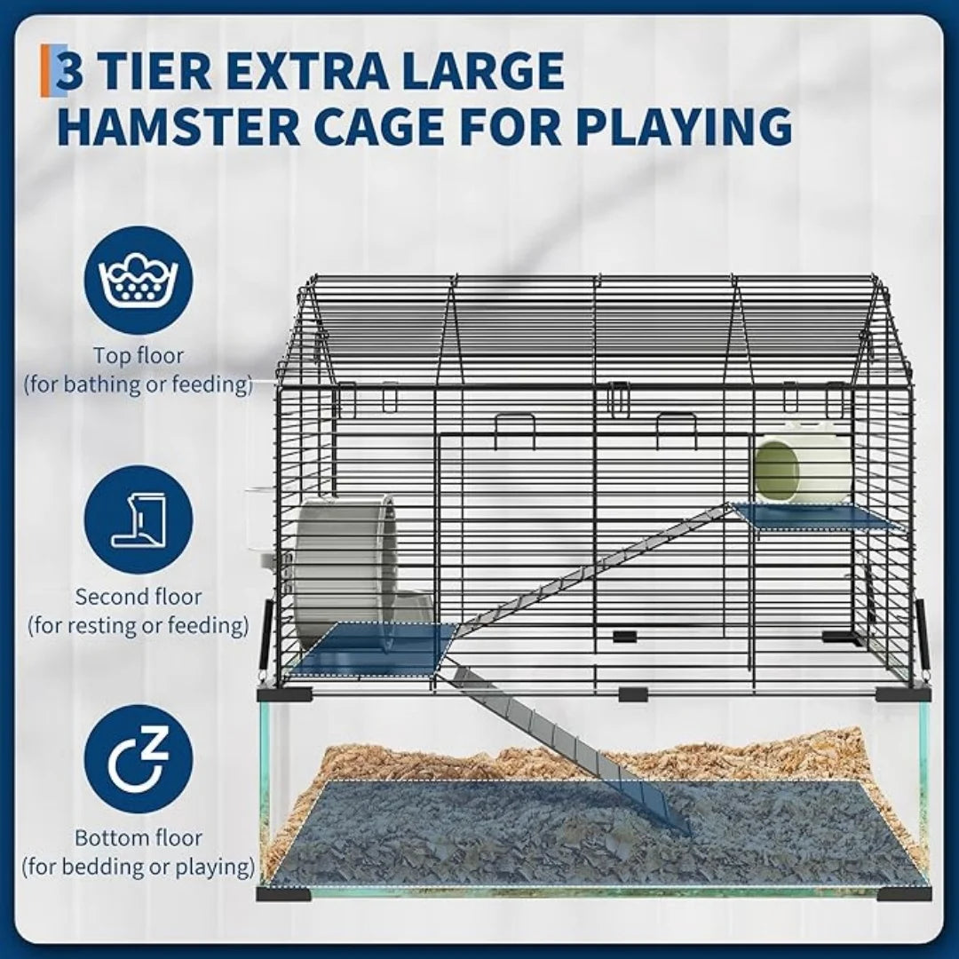 HiMISS 3 Tier Hamster Enclosure With Metal Glass Cage