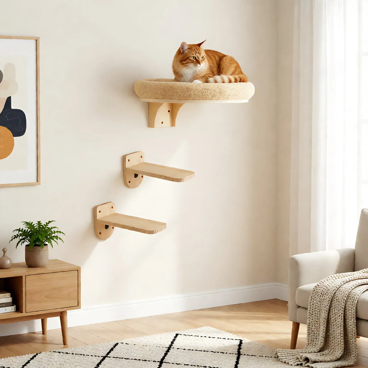 Cat Wall Mounted Solid Pine Wood Climbing Ladder With Hammock And Scratching Post