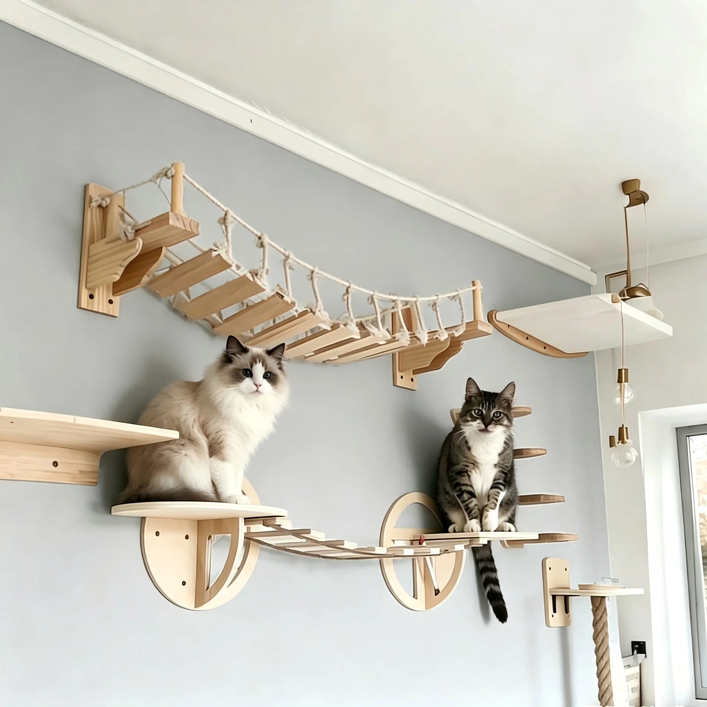Wall Mounted Cat Bridge With Sisal Rope For Indoor Cats Pine Wood
