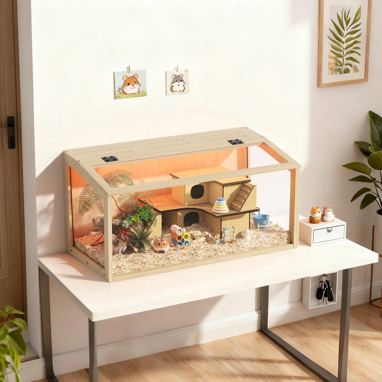 Wooden Hamster And Guinea Pig Cage With Chewproof Panels LED Light