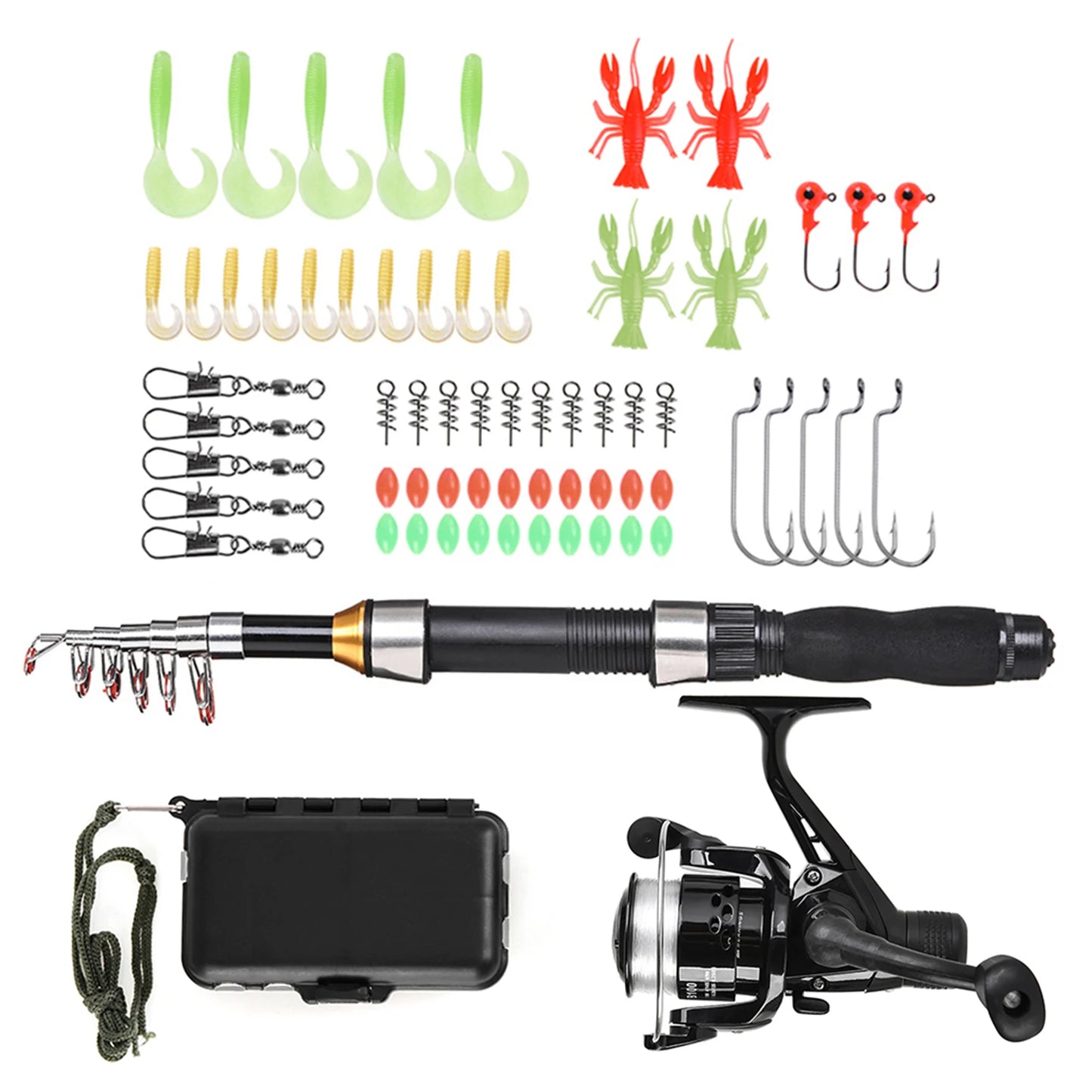 Telescopic Fishing Rod Spinning Reel Combo With Hooks And Swivels