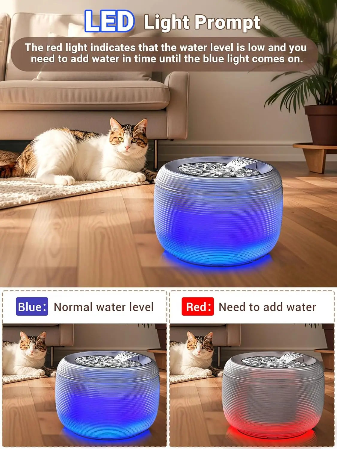 Quiet Cat Water Fountain With LED Light Easy Cleaning