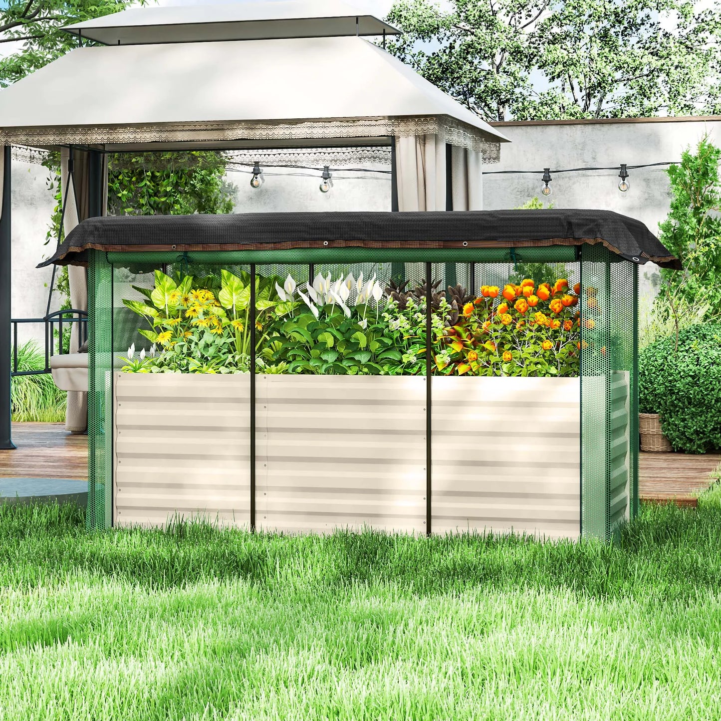 Outsunny Galvanized Raised Garden Bed With Crop Cage Shade Cloth