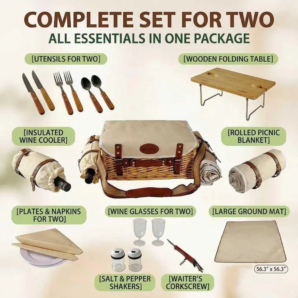 NBVCX Wicker Picnic Basket Set For Two With Tableware Blanket