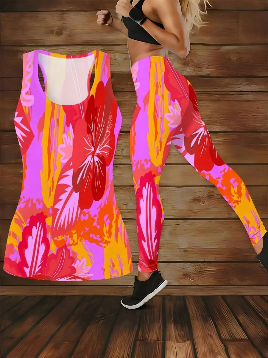 Vibrant Floral Abstract Print Tank Top And Yoga Pants Set