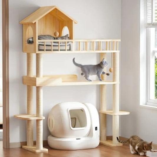 Wood Cat Tower For Automatic Litter Box Self Cleaning Solid Wood