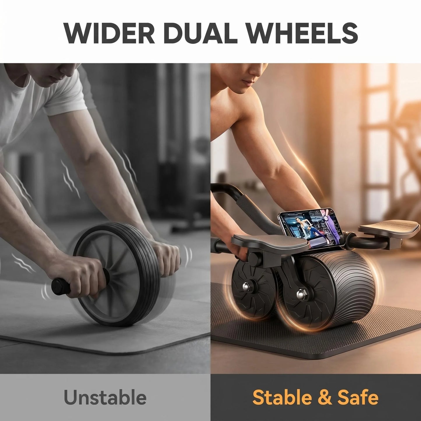 3 In 1 Ab Roller With Knee Pad Phone Holder Timer For Home Fitness