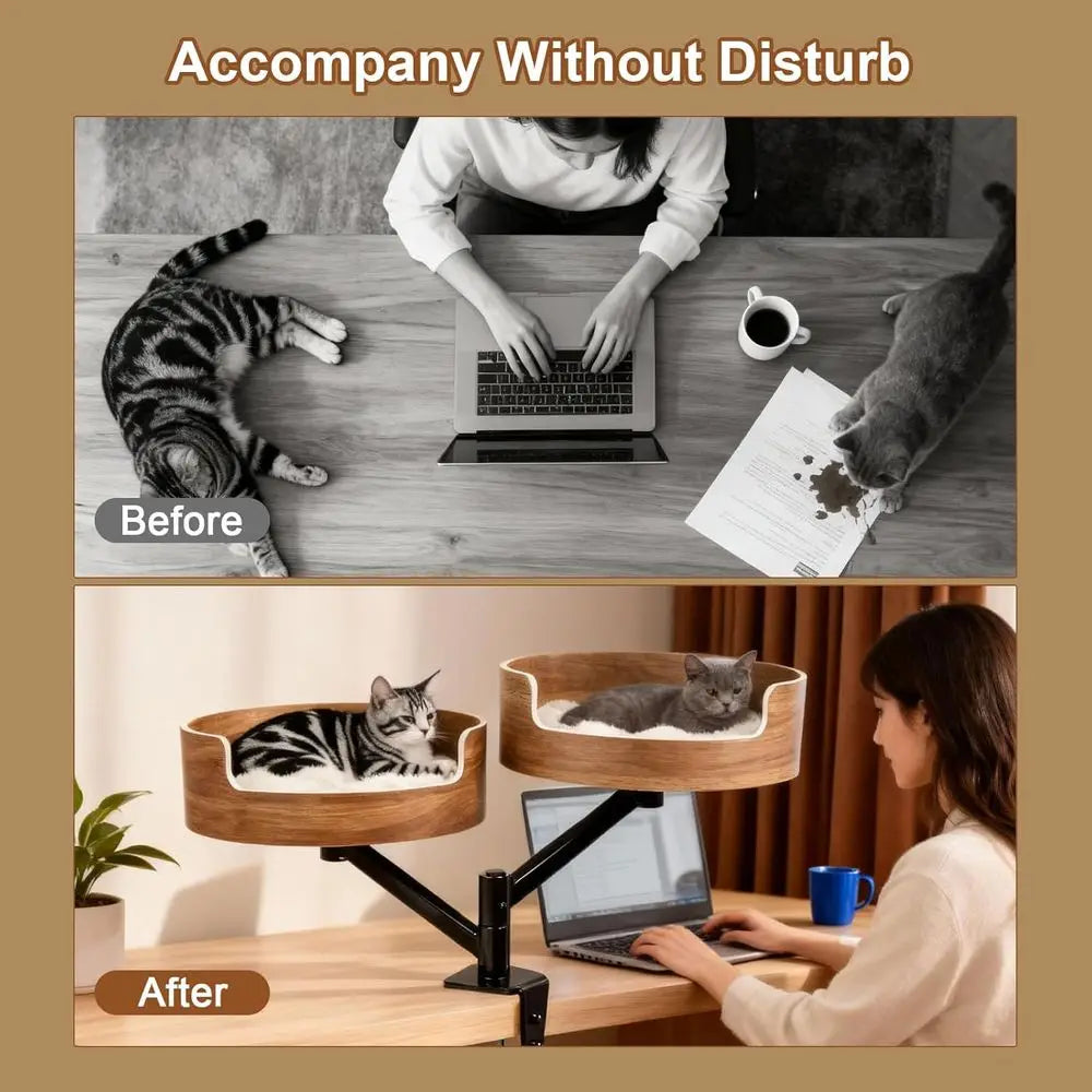 Double Cat Desk Bed With 360 Rotation Walnut Finish