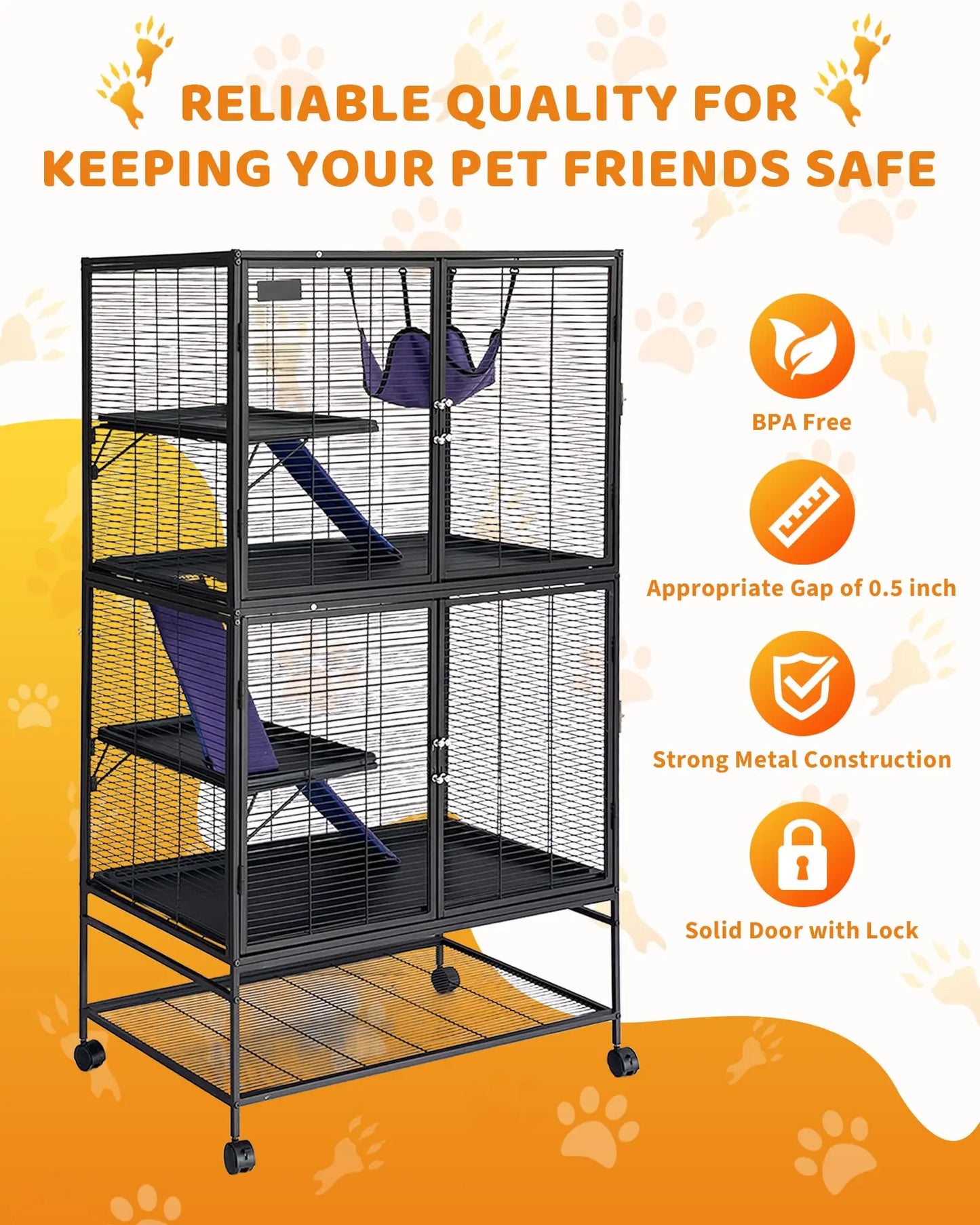 HiMISS Heavy-Duty Small Animal Cage With Lockable Wheels Hammock
