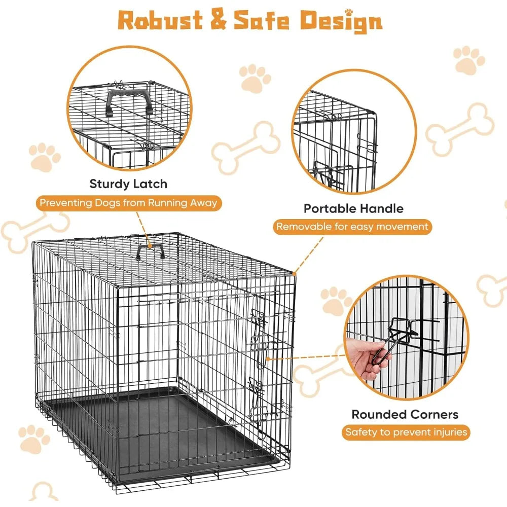 Dog Crate Double Door Metal Wire Foldable Cage With Leak-Proof Pan Tray