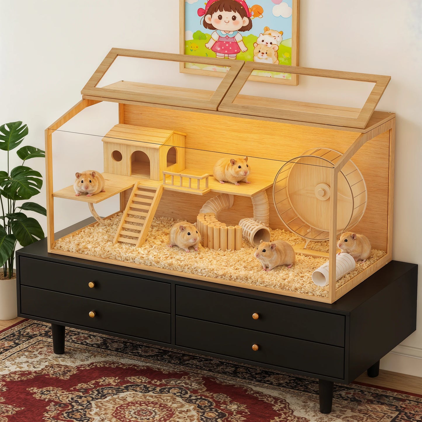 Solid Wooden Hamster Cage With Built In LED Lighting