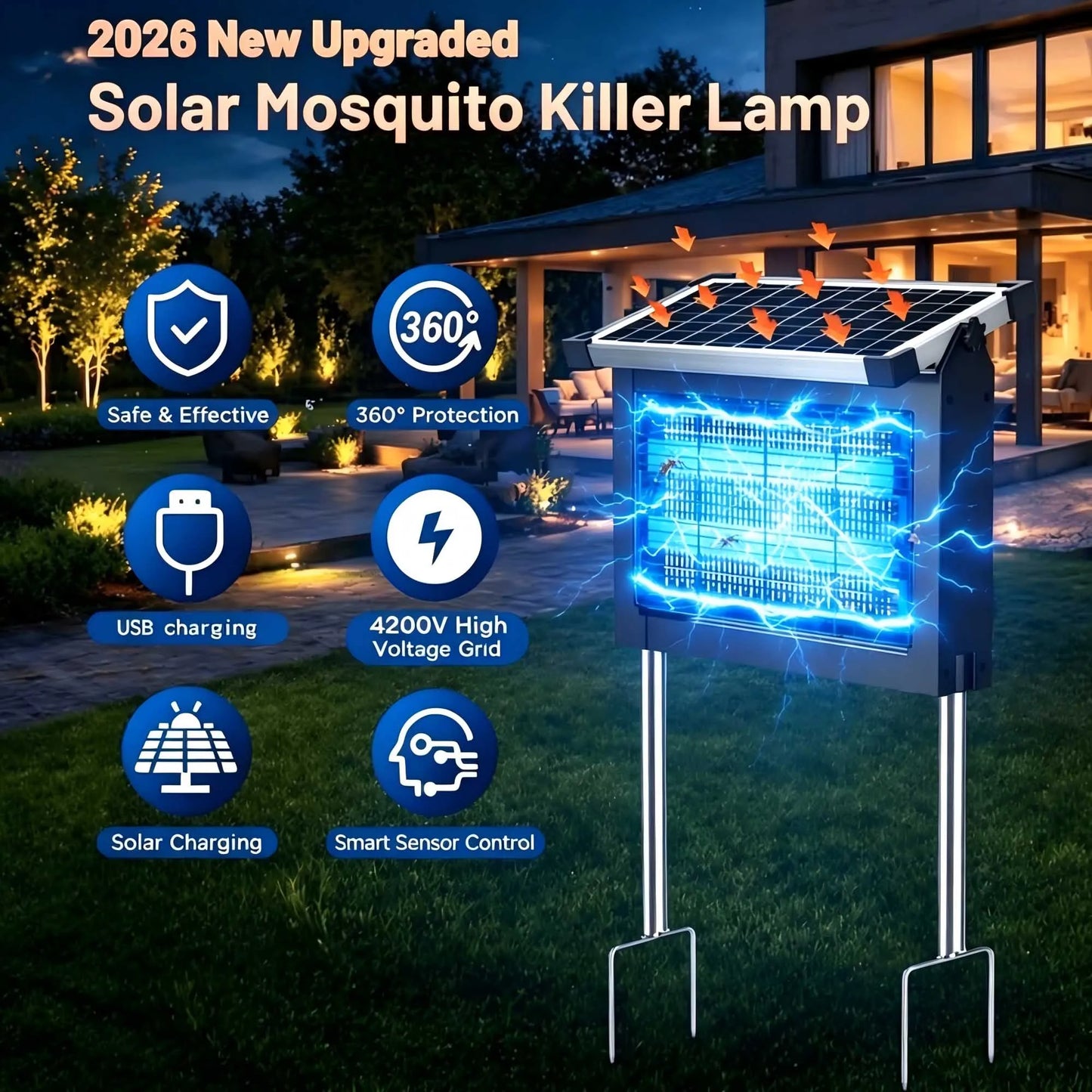 Solar Bug Zapper Outdoor 4500V Mosquito Killer With Panel Sensor