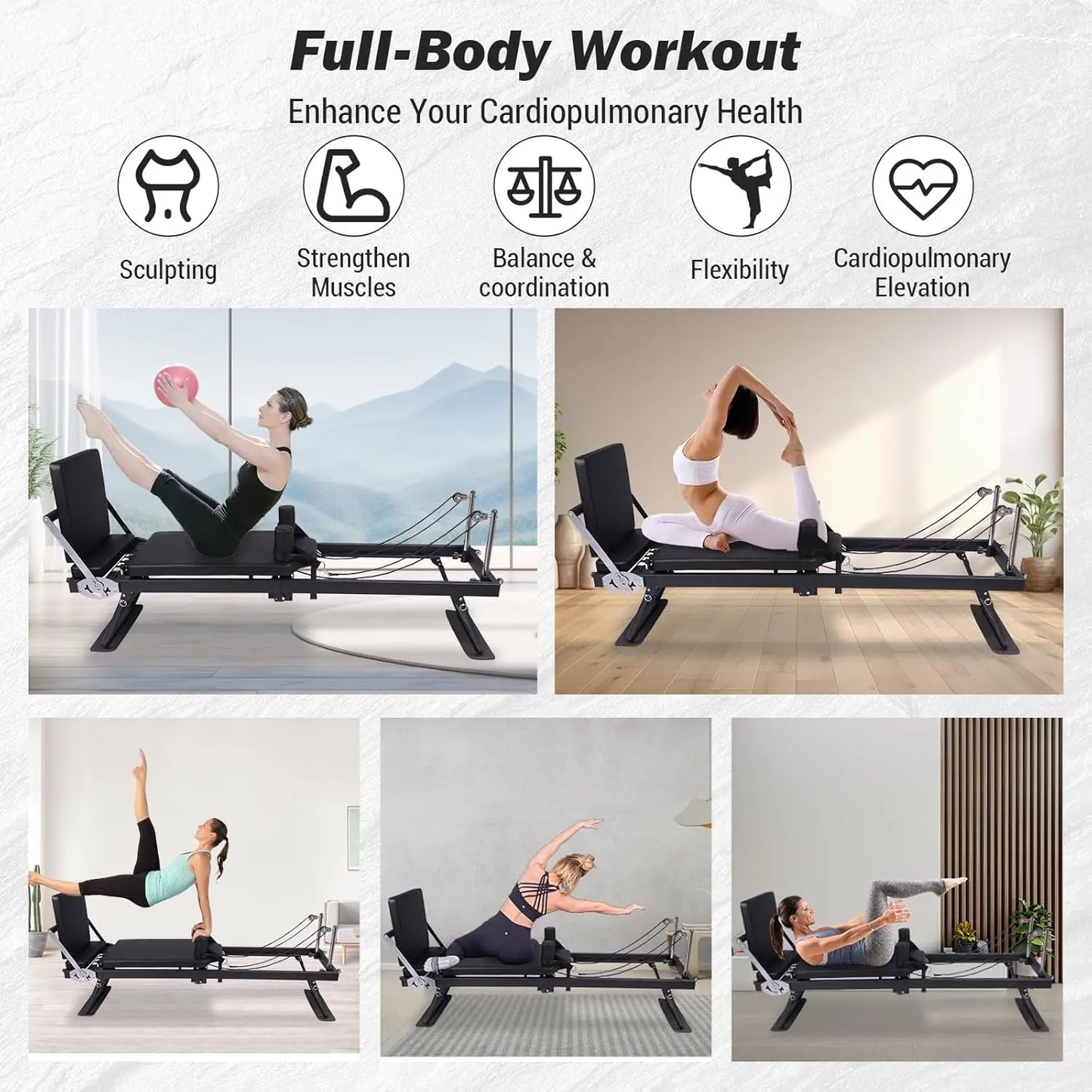 HiMISS Foldable Reformer Pilates Machine with Height Adjustments