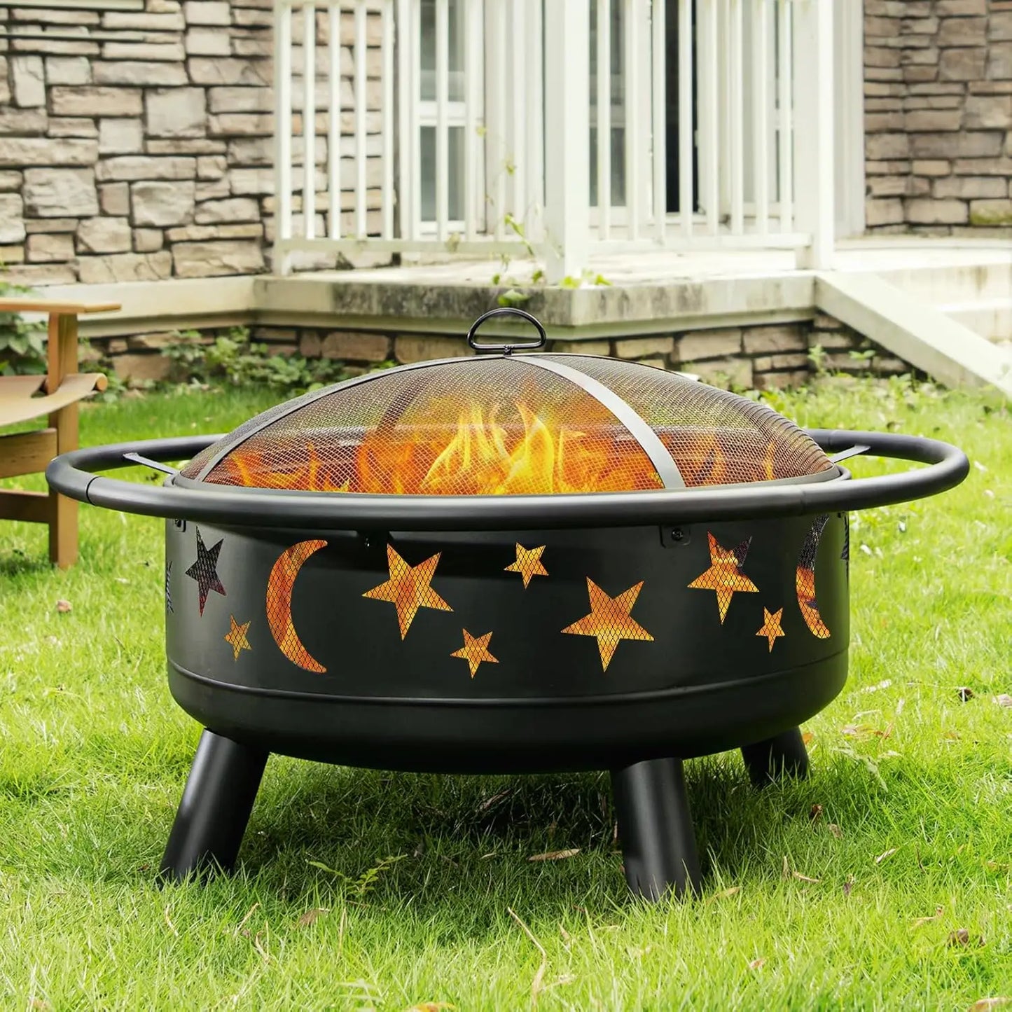 Star Moon Round Fire Pit With Mesh Cover Wood Burning