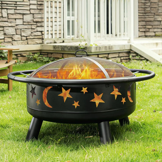 Star Moon Round Fire Pit With Mesh Cover Wood Burning