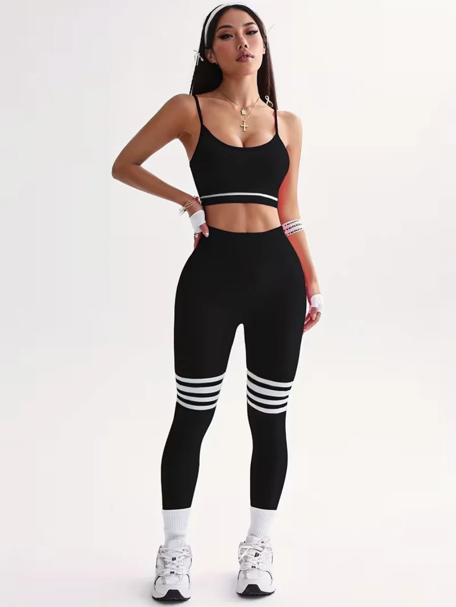 3-Piece Women's Y2K Striped Tracksuit Set Crop Top Leggings Bra