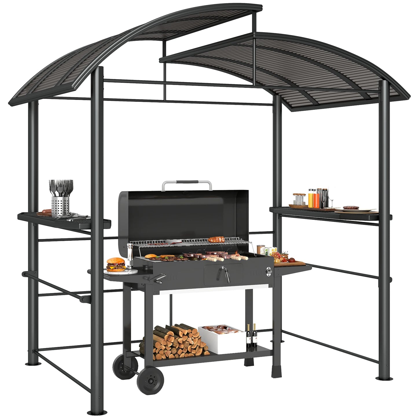 Outsunny Outdoor Grill Gazebo Canopy With Vented Polycarbonate Roof And Shelves