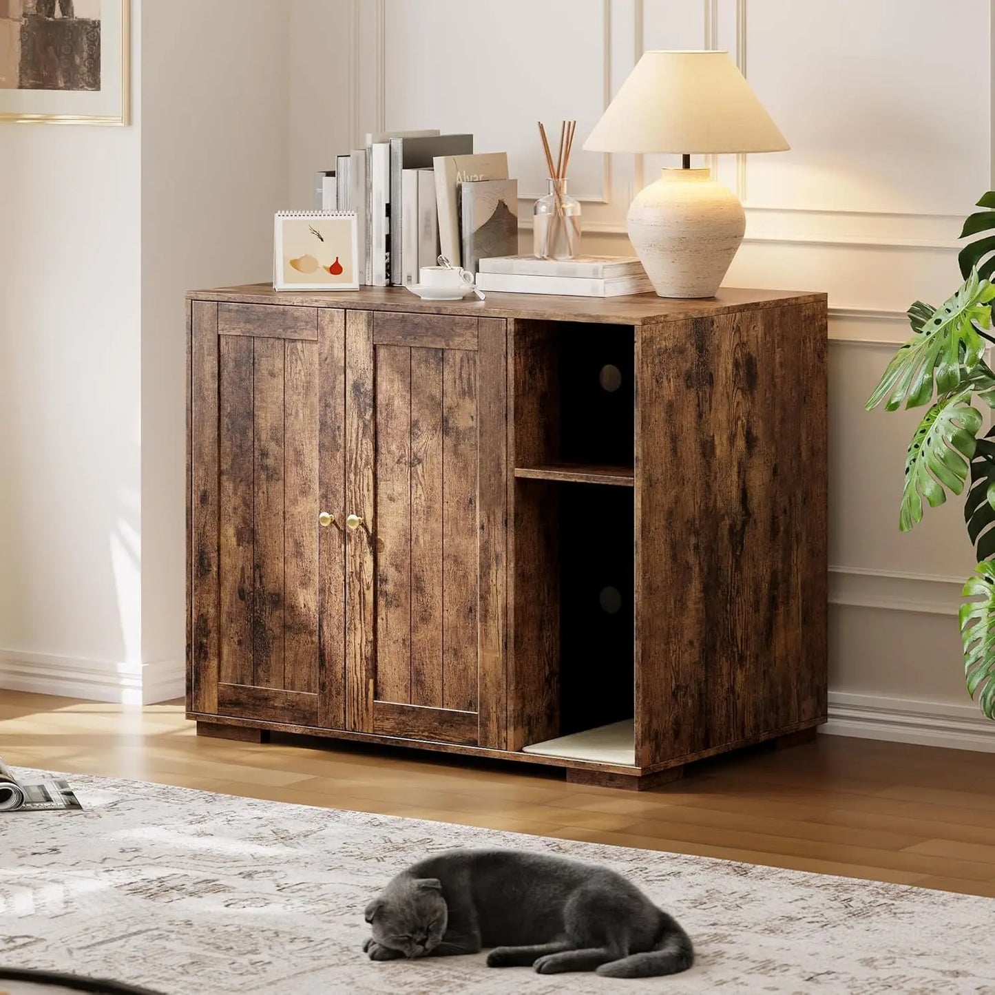 HiMISS Cat Litter Box Enclosure Cabinet With Built Power Outlet