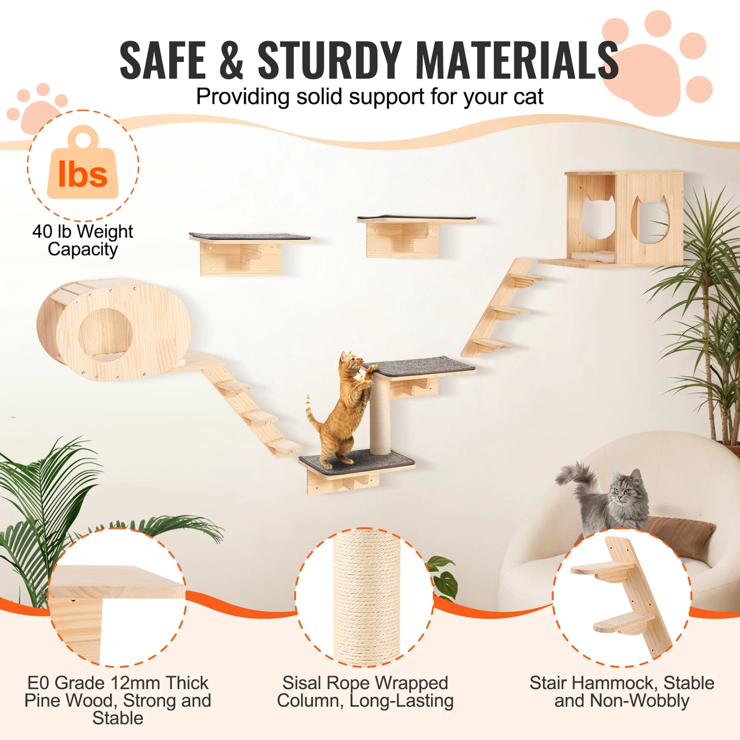 SucceBuy Wall Mounted Cat Shelves With Jumping Boards And Perches
