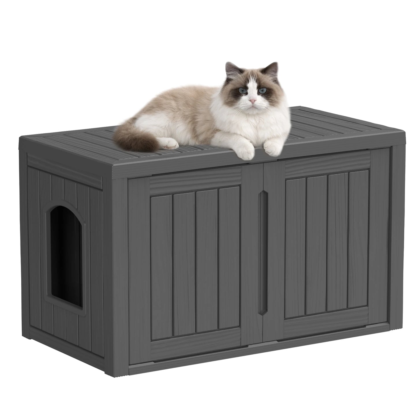 Hidden Resin Cat House With Double Doors Weatherproof Pet Shelter
