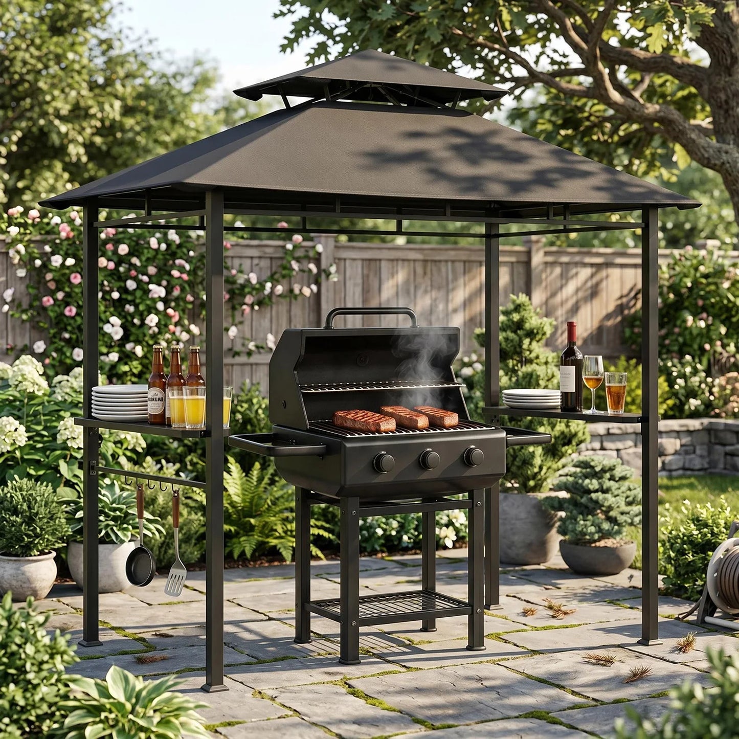HiMISS Outdoor BBQ Grill Gazebo With Double Roof Vented Canopy
