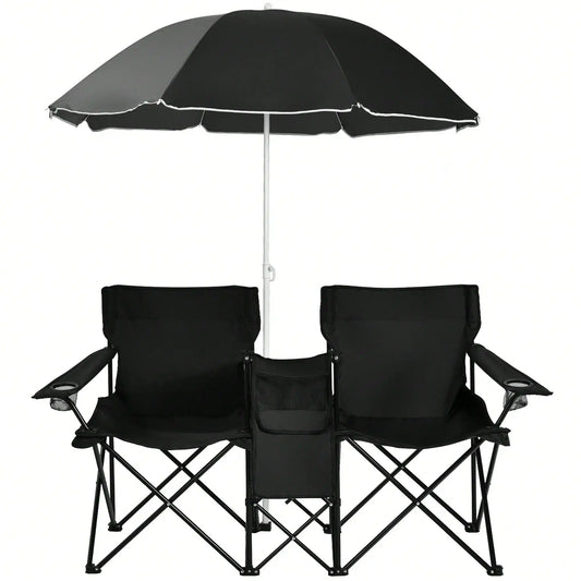 Folding Double Picnic Chair With Umbrella Table Cooler