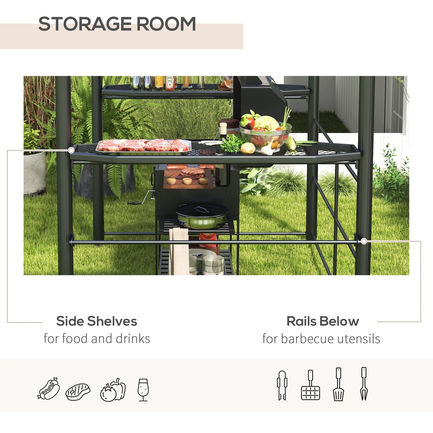 Outsunny Outdoor Grill Gazebo Canopy With Vented Polycarbonate Roof And Shelves