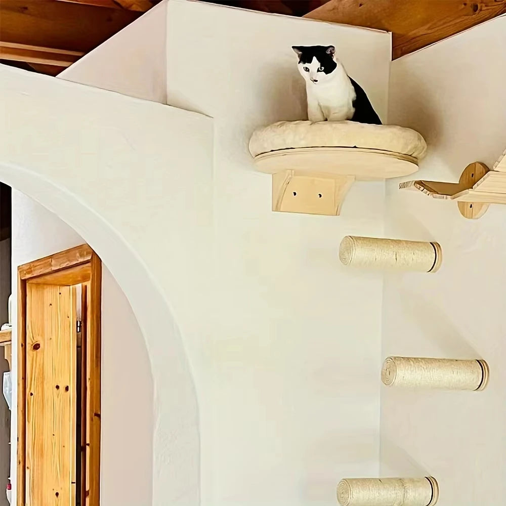 Cat Wall Mounted Solid Pine Wood Climbing Ladder With Hammock And Scratching Post