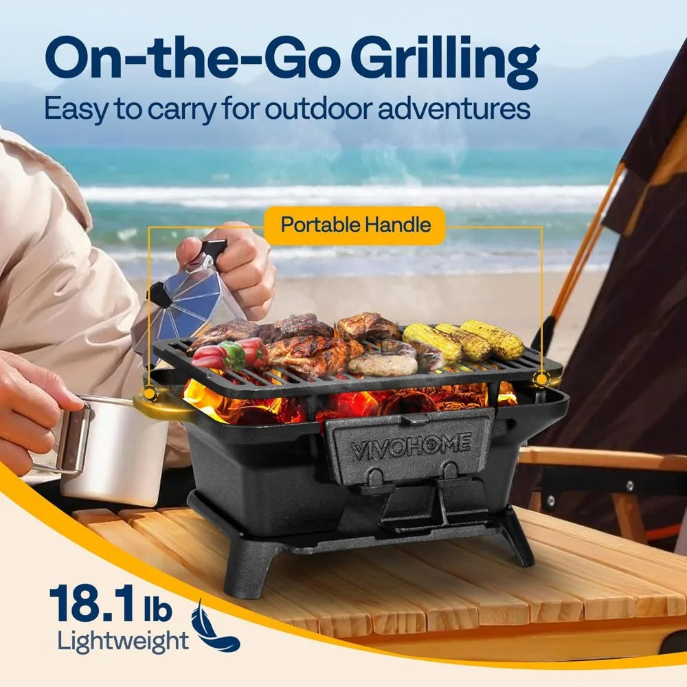 NBVCX Portable Rectangle Charcoal Grill With Double Sided Grate