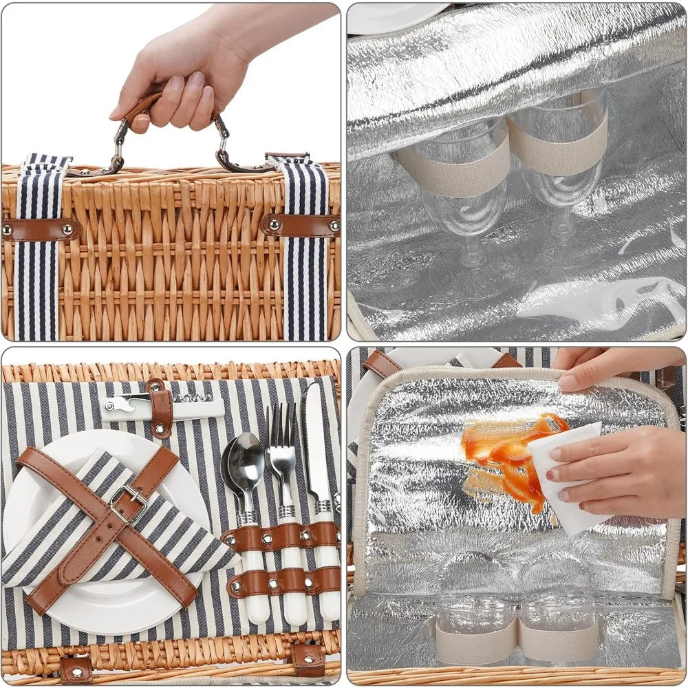 NBVCX Handmade Wicker Picnic Set For Two With Insulated Cooler