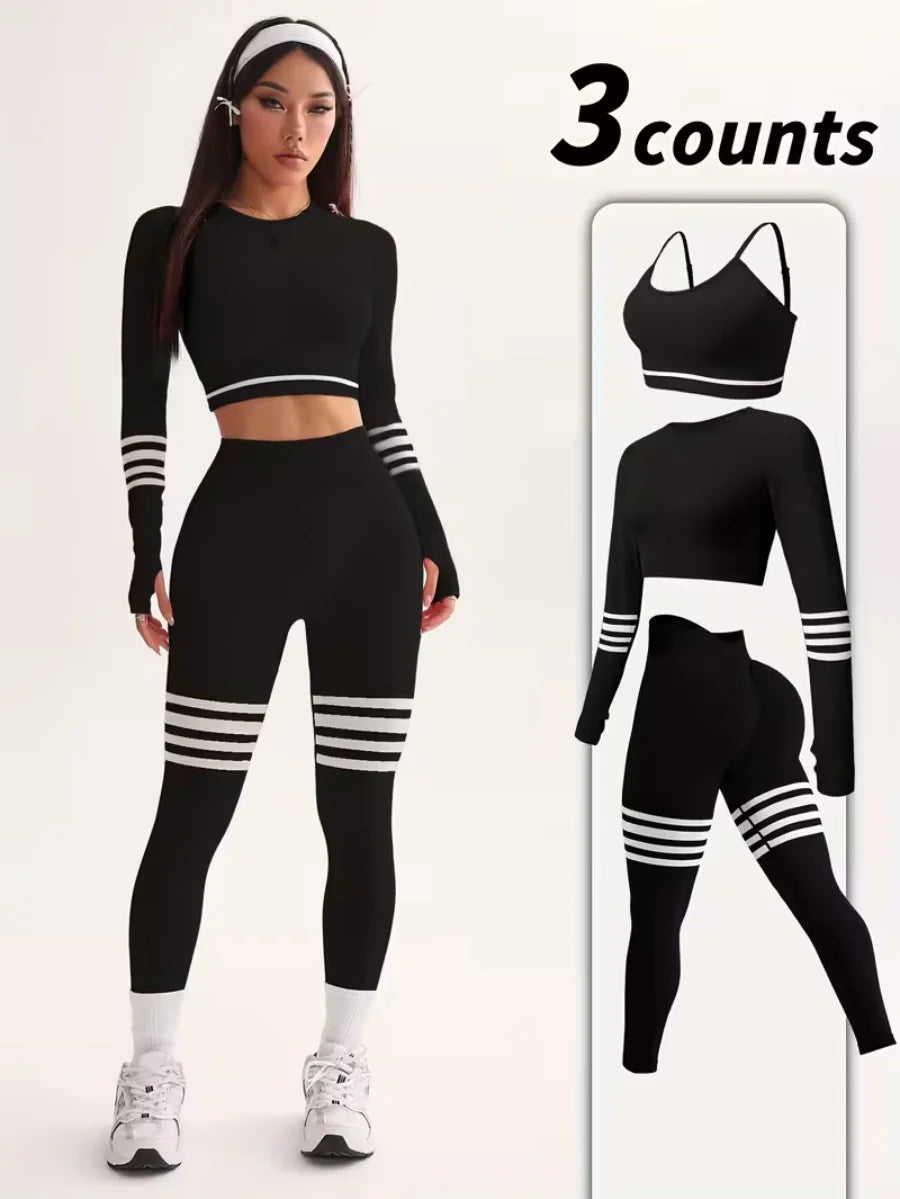 3-Piece Women's Y2K Striped Tracksuit Set Crop Top Leggings Bra