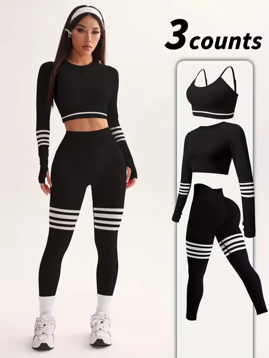 3-Piece Women's Y2K Striped Tracksuit Set Crop Top Leggings Bra