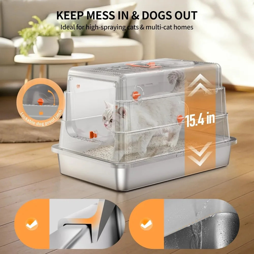 XIUWO Enclosed Stainless Steel Cat Litter Box With Leak Proof Odor Control
