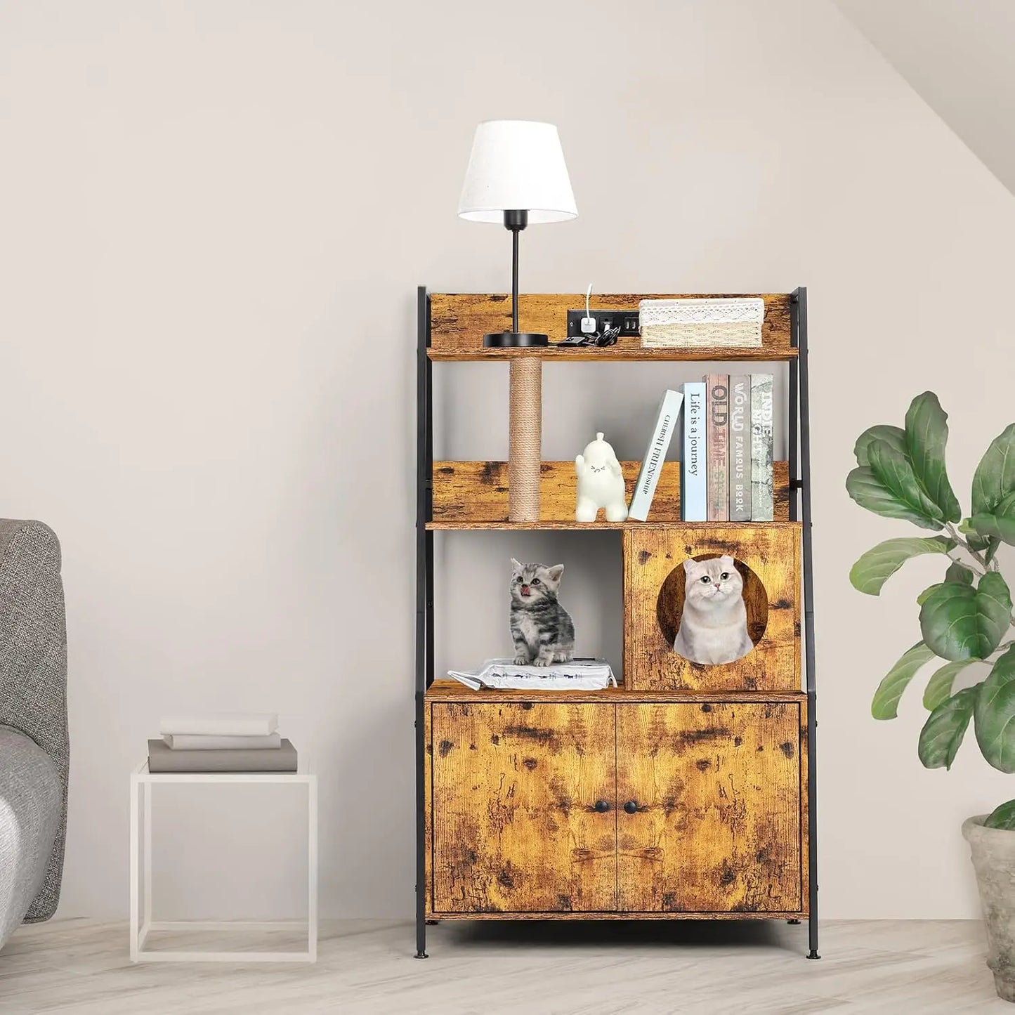 Cat Litter Box Enclosure With Shelves Charging Station Cat Tree