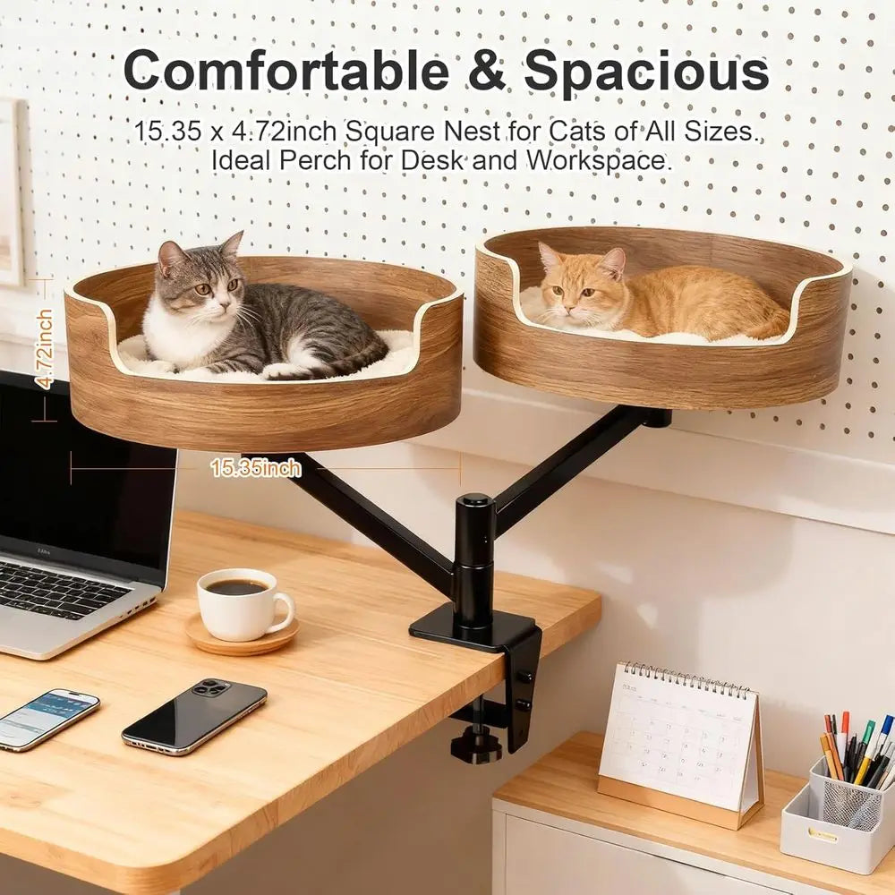 Double Cat Desk Bed With 360 Rotation Walnut Finish