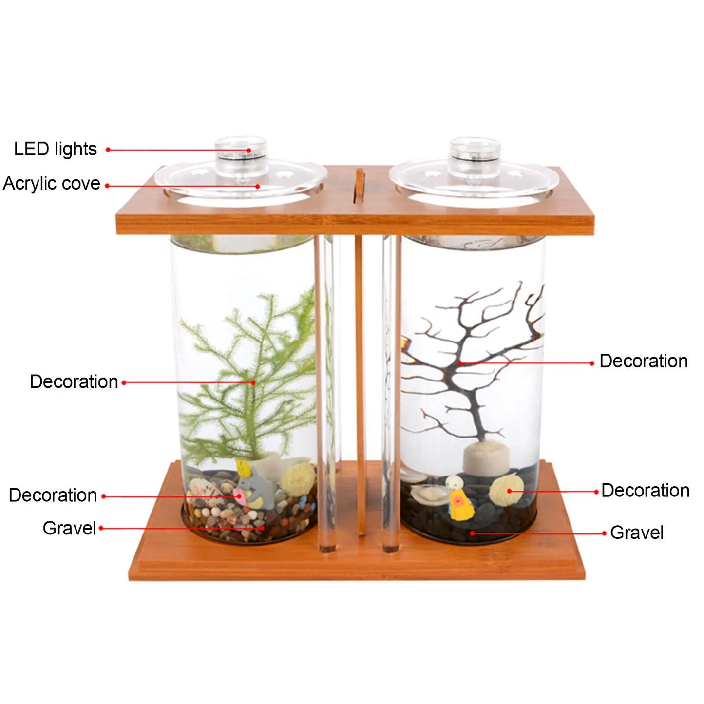 Bamboo Base Glass Betta Tank With LED Light Desktop Decor