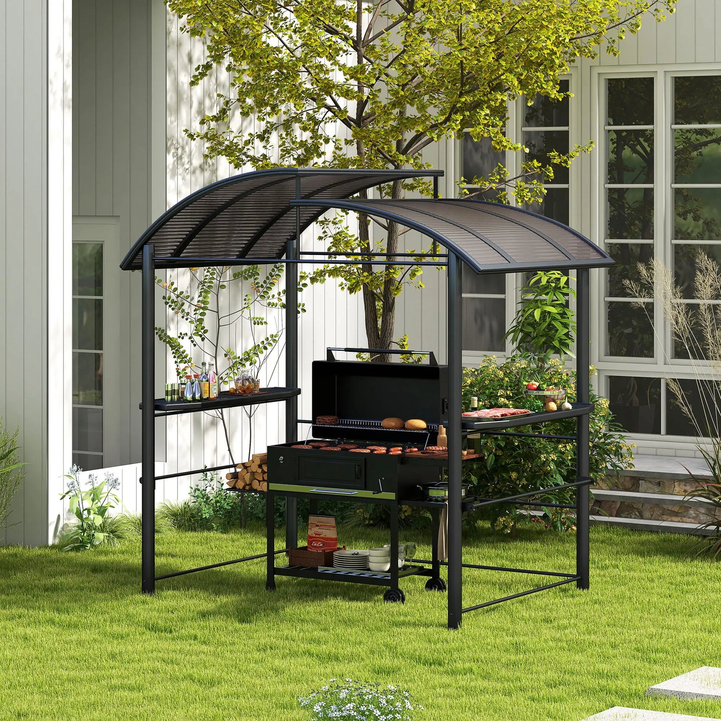 Outsunny Outdoor Grill Gazebo Canopy With Vented Polycarbonate Roof And Shelves