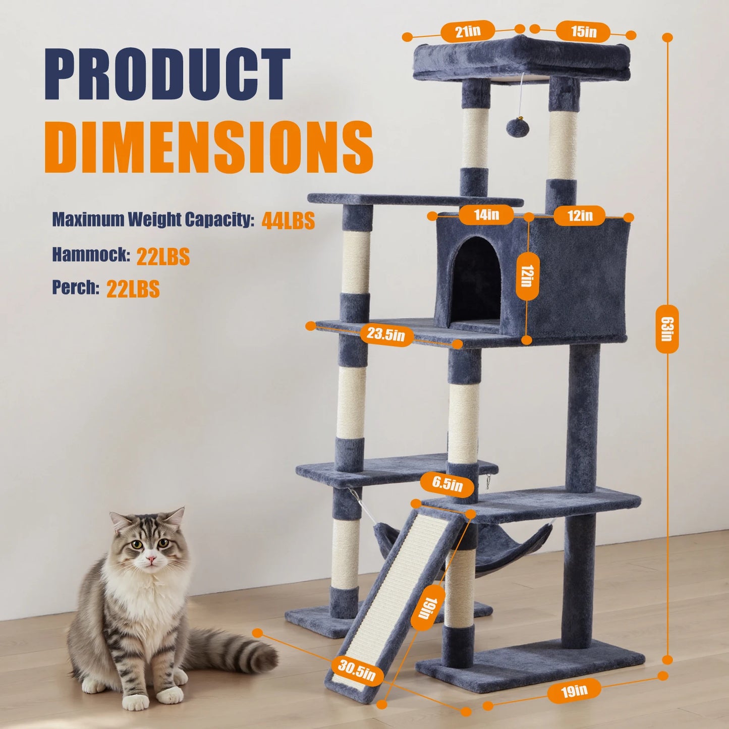 JHK Cat Tree Tall Multi Cat Climbing Tower With Natural Sisal Scratching Posts