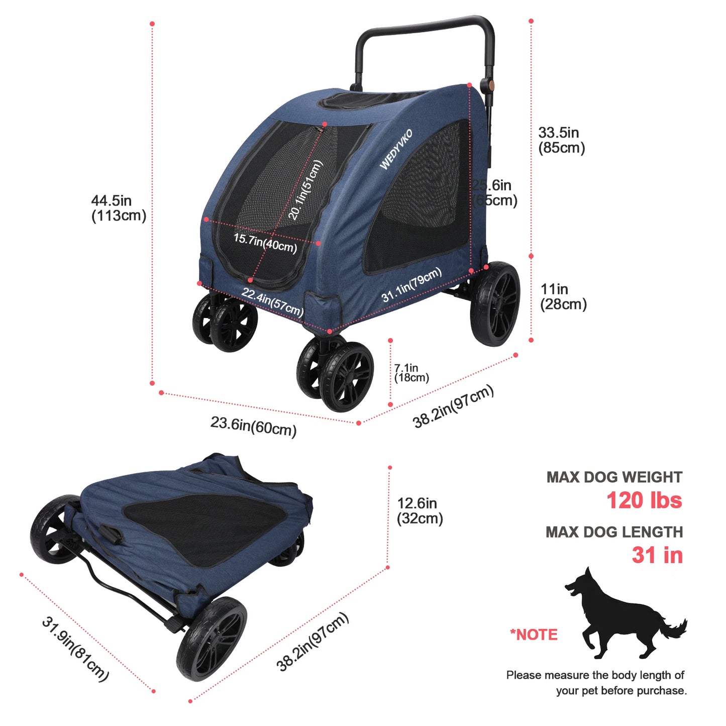 Heavy Duty Dog Stroller For Large Dogs Foldable With Ventilation