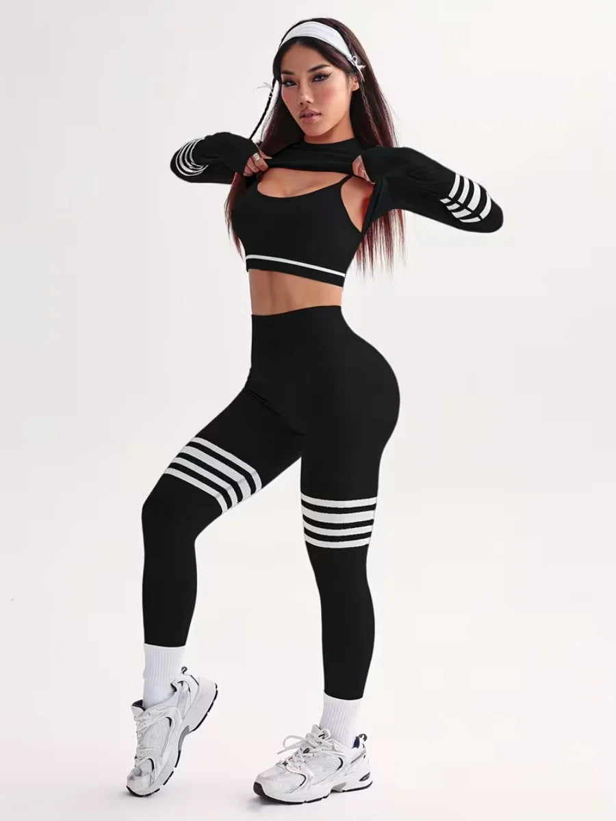 3-Piece Women's Y2K Striped Tracksuit Set Crop Top Leggings Bra