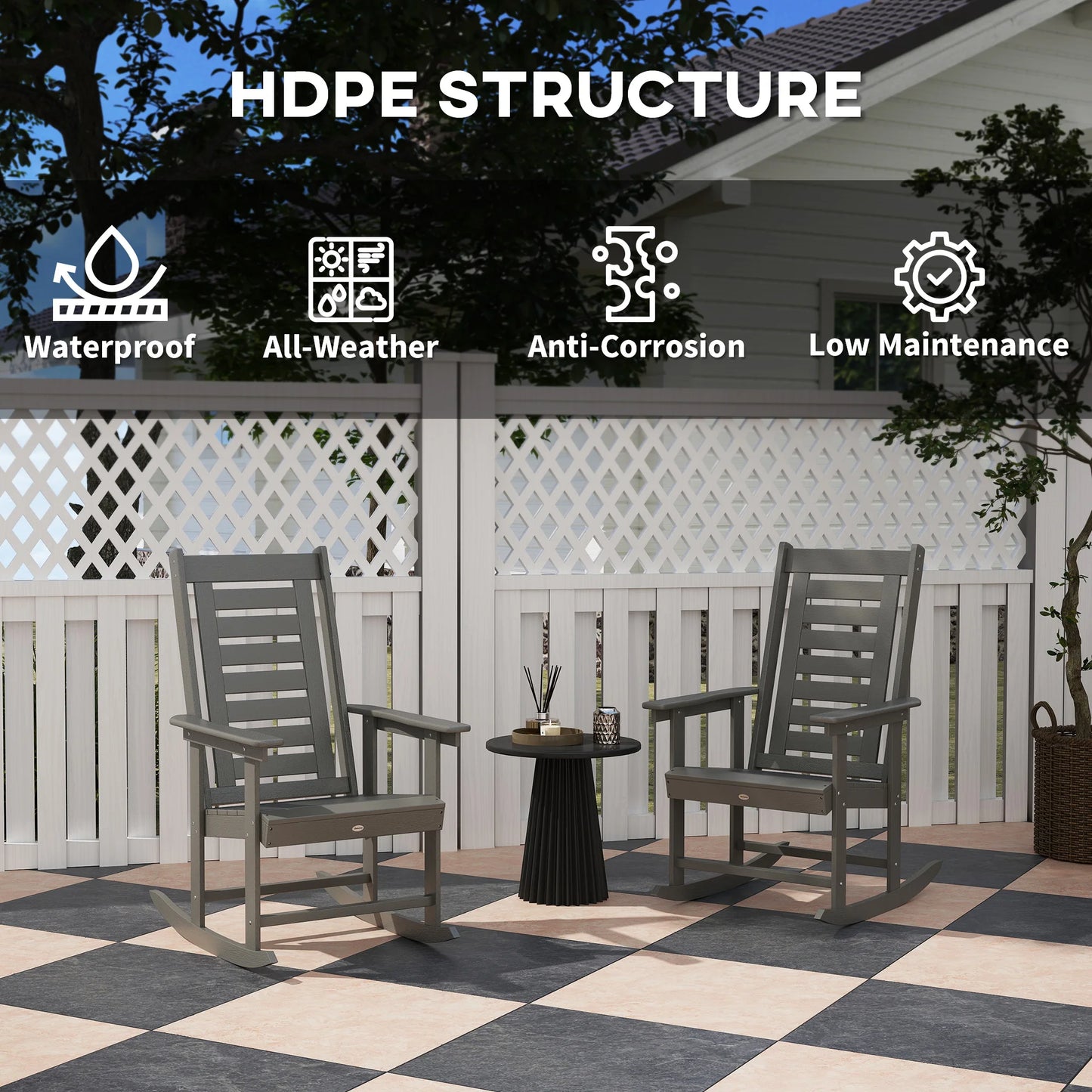 2 Outdoor Rocking Chairs, HDPE High Back Patio Rockers