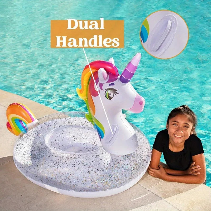 Joyfy Rainbow Unicorn Pool Float With Glitter Large Inflatable Raft